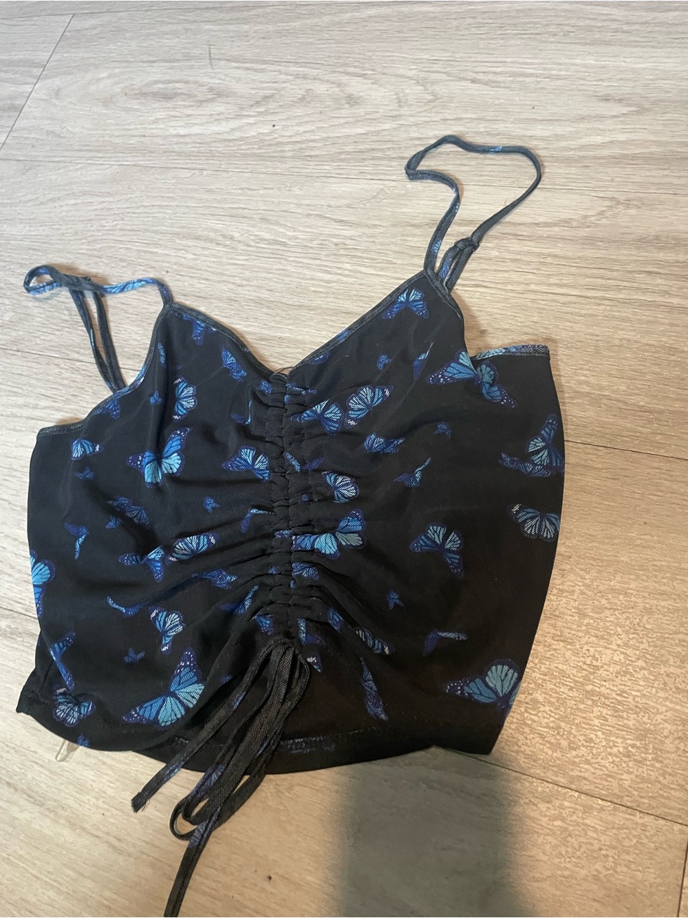 J for Justify Black Crop Cami with Blue Butterfly Print